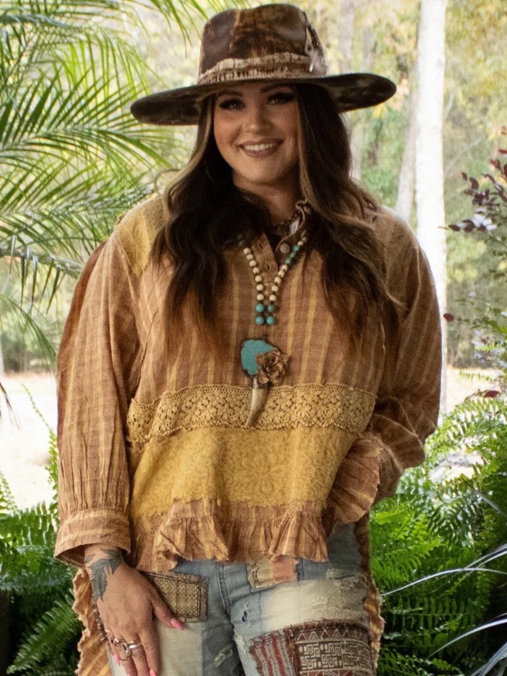 Jaded Gypsy Prairie Kiss Plaid and Lace Star Patch Distressed Hi Lo Top